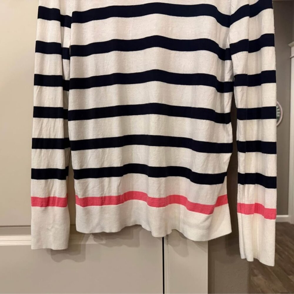 Women's Loft Long Sleeve Ivory with Navy Stripes and Pink Trim Knit Shirt-Size L - Picture 4 of 6